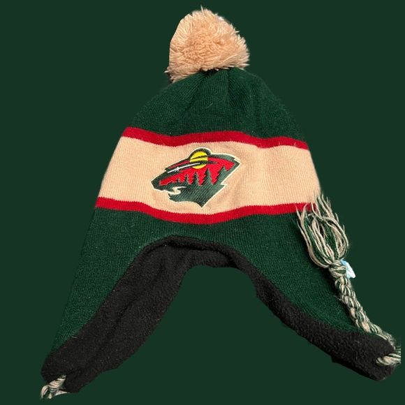 Youth MN Wild Hockey Green/Tan Fleece Ear Flap Hat - Picture 1 of 3